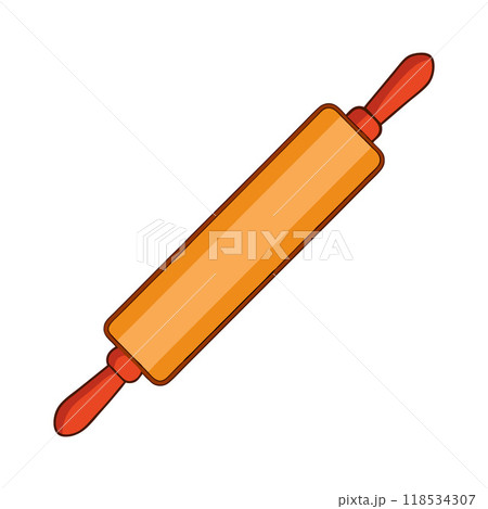 A long wooden rolling pin with a red handle 118534307