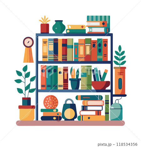 A colorful bookshelf with a clock on the left side 118534356