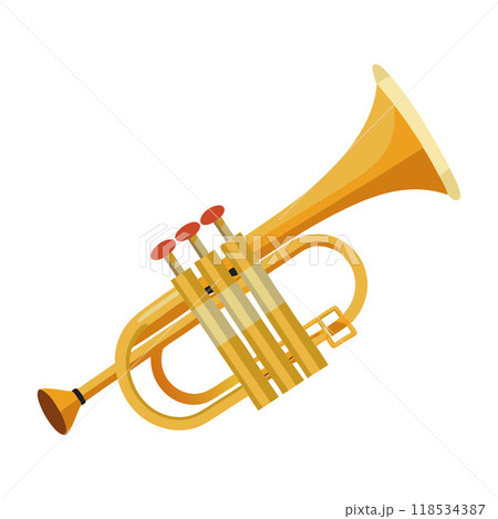 A large golden trumpet with three red buttons on the top 118534387