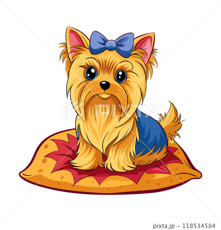 A cute dog with a blue shirt and a blue bow on its head is sitting on a pillow 118534584