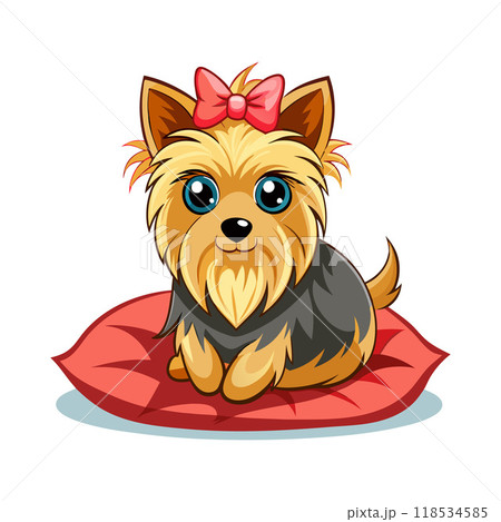 A cute dog with a pink bow on its head is sitting on a red cushion 118534585