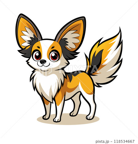 A cute dog with a black and white coat and orange and white spots 118534667