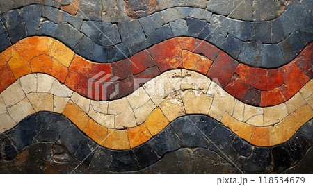 Textured abstract design featuring wavy patterns in black, gold, and orange tones on a wall surface Textured abstract design featuring wavy patterns in black, gold, and orange tones on a wall surface 118534679