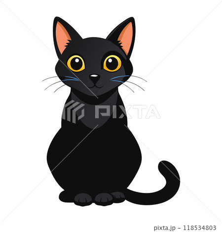 A black cat with blue eyes is sitting on a white background 118534803