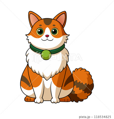 A cartoon cat with a green collar is sitting on a white background 118534825