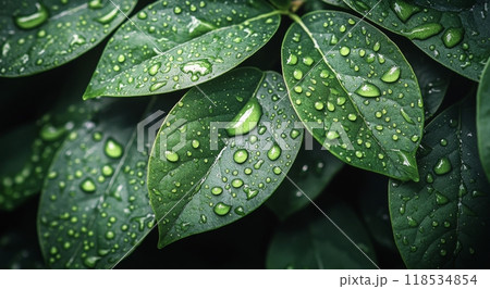 Fresh green leaves covered in raindrops glisten in a lush garden setting after a recent shower 118534854