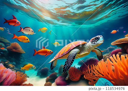 サンゴ礁を泳ぐ魚とウミガメ 118534976