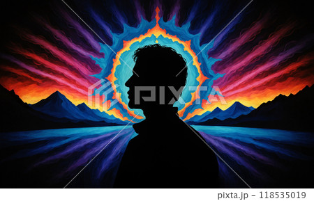 A colorful illustration of a man's silhouette against the background of the mental world, with an electromagnetic biofield emanating around him. Conceptual illustration A colorful illustration of a man's silhouette against the background of the mental world, with an electromagnetic biofield emanating around him. Conceptual illustration 118535019