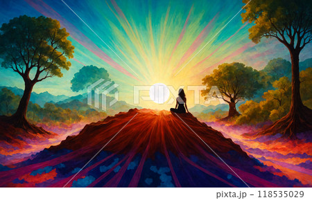 Silhouette of a woman sitting on a hill at sunset in the bosom of nature among trees and meadows. Meditation in nature, colorful artistic illustration	 118535029