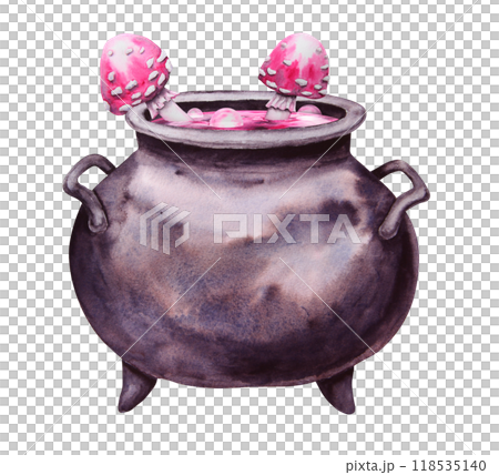Black cast iron cauldron with pink potion and poisonous mushrooms, fly agaric. Esoteric attribute of a witch, sorcerer. Clipart for Halloween, Sabbath, theme party. Watercolor hand-drawn illustration 118535140