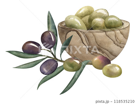 Wooden bowl with olives and olive branch. Watercolor illustration on white background in brown, green, purple shades in botanical style. For packaging design, menu, posters, cafes, holidays, postcard. 118535210