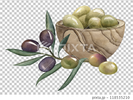 Wooden bowl with olives and olive branch. Watercolor illustration on white background in brown, green, purple shades in botanical style. For packaging design, menu, posters, cafes, holidays, postcard. 118535210