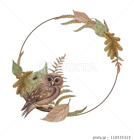 Round autumn frame with owl, oak leaves, fern. The illustration of the forest nature is hand-painted in watercolor in green, brown, beige shades in a warm, cozy range. For design interior, tableware 118535323