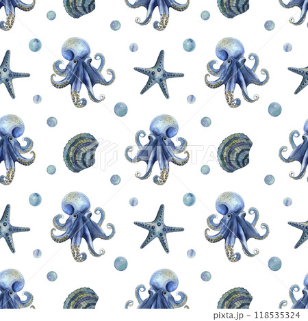 Seamless pattern with octopus shell, starfish, water bubbles. Hand-drawn watercolor illustration on white background in blue, light blue, emerald, yellow shades. For fabric, textile, wallpaper design 118535324
