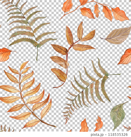 Seamless pattern with forest autumn leaves, rowan branches, fern. Illustration is hand-drawn with watercolor in orange, yellow, green, brown shades. For fabric, wallpaper, packaging, Thanksgiving. 118535326