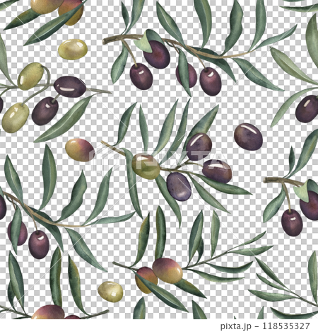 Seamless pattern with branches leaves fruits olive. Hand drawn watercolor illustration on white background in green purple pink shades in botanical style. For design fabrics textiles wallpapers. 118535327