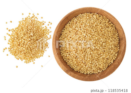 Amaranth grain seeds in wooden bowl isolated on white background. Top view. Flat lay Amaranth grain seeds in wooden bowl isolated on white background. Top view. Flat lay 118535418
