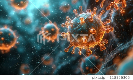 Realistic Microscopic Molecular 3D Medical Background. Pathological Viruses and Bacterias Microbiology Banner for Medicine Designs. 118536306