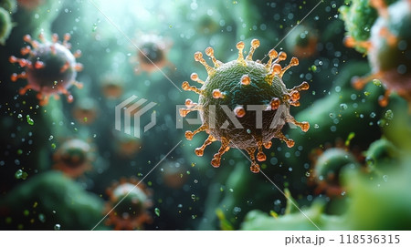Realistic Microscopic Molecular 3D Medical Background. Pathological Viruses and Bacterias Microbiology Banner for Medicine Designs. 118536315