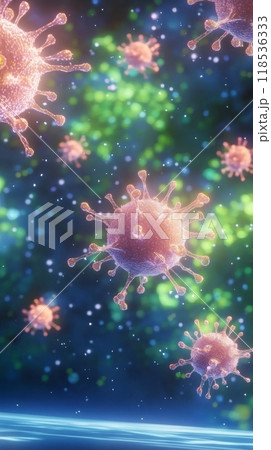 Realistic Microscopic Molecular 3D Medical Background. Pathological Viruses and Bacterias Microbiology Banner for Medicine Designs. 118536333