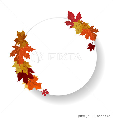Vector isolated round frame of yellow dry autumn leaves. Border for text. Flat clipart for design 118536352