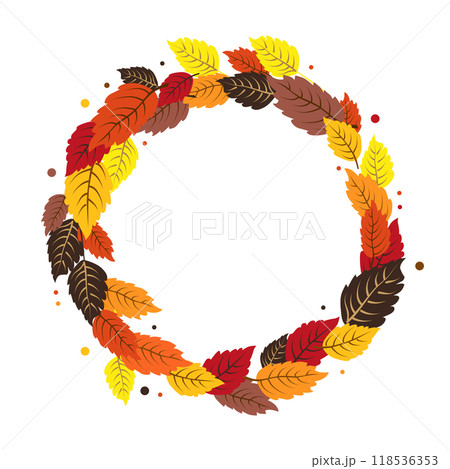 Vector isolated round frame of yellow dry autumn leaves. Border for text. Flat clipart for design 118536353