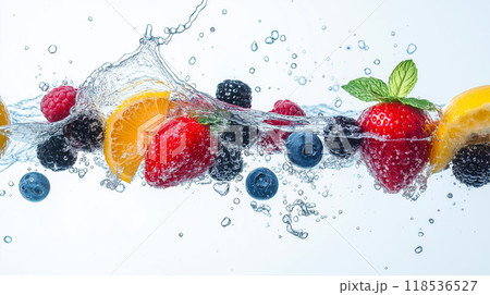 Fruits splashing into the clear water. Fresh fruits concept 118536527
