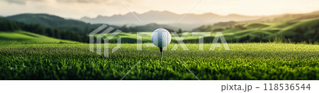 Golf banner. Golf ball on the tee in a beautiful green landscape Golf banner. Golf ball on the tee in a beautiful green landscape 118536544