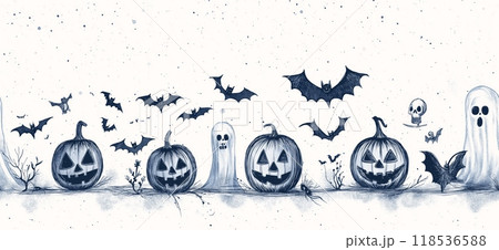Halloween pattern. Blue pen drawing of Halloween symbols 118536588