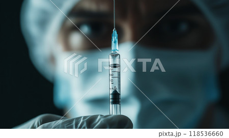 Doctor with a syringe. Doping concept. Vaccination background Doctor with a syringe. Doping concept. Vaccination background 118536660