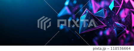 Abstract background with floating geometric shapes. Blue and purple 3D objects on black backdrop 118536664