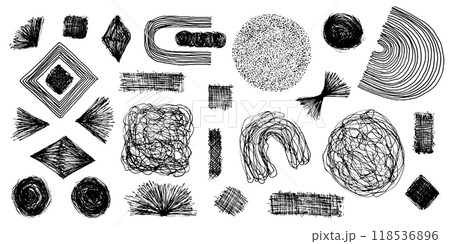 Trendy set of artistic grunge black ink pen hand drawn scribble textured shapes and doodles. Abstract freehand geometric scratched texture elements for banner design, patterns, flyers, posters 118536896