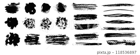Trendy set of artistic hand painted isolated black ink textured grunge brush strokes and blobs. Abstract unique inky lines, stamps and scratches for graphic design, decoration, texture Trendy set of artistic hand painted isolated black ink textured grunge brush strokes and blobs. Abstract unique inky lines, stamps and scratches for graphic design, decoration, texture 118536897