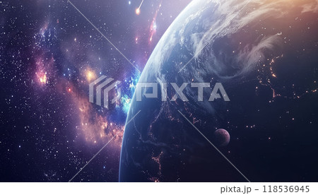 Breathtaking View Of The Planet Earth, Galaxies, Stars, Comet, And Nebula In Space. Enchanting Cosmic Panorama Of The Universe 118536945