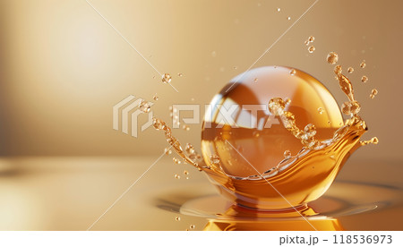 Sphere Bubble With Oil Liquid Splashing, Cosmetic Serum Oil In Liquid Splash Ball - 3d Rendering. Fantastic Visual Of Oil Splashing In Sphere. 118536973