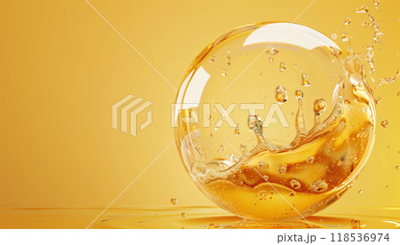 3d Rendering Of Oil Liquid Splashing Inside A Bubble Sphere: Cosmetic Serum Oil In Liquid Splash Ball. 3d Rendering Of Oil Liquid Splashing Inside A Bubble Sphere: Cosmetic Serum Oil In Liquid Splash Ball. 118536974