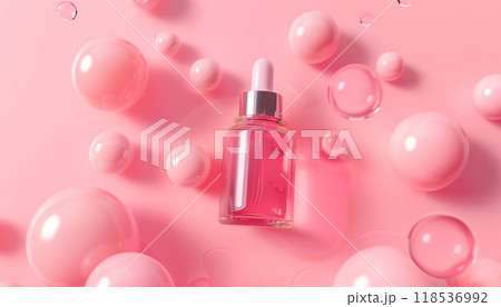 3d Rendering Of Skin Serum And Vitamin Collagen With Liquid Bubble On Pink Color Background In Title Case. Aesthetic Beauty Product Display. 118536992