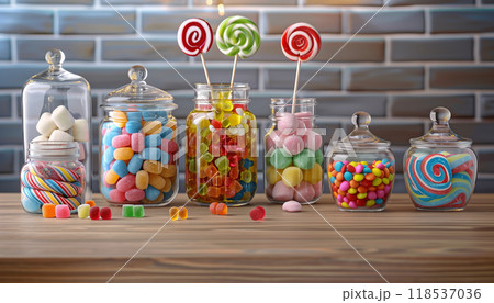 Assorted Sweets In Glass Jars On Wooden Table: Vibrant Candies, Jellies, Lollipops, Marshmallows, And Marmalade Displayed Colorfully. 118537036