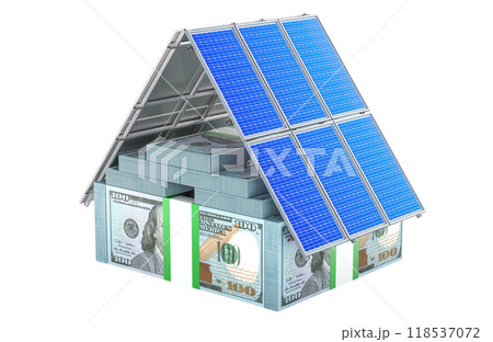 Home from solar panels and dollar packs. Saving energy consumption, concept. 3D rendering Home from solar panels and dollar packs. Saving energy consumption, concept. 3D rendering 118537072