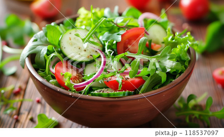 Bowl Of Fresh Salad With Vegetables And Greens Served On A Rustic Wooden Table - A Healthy And Delicious Meal Option. 118537097