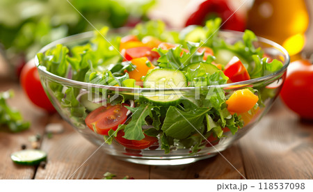 Fresh Vegetables And Greens On A Wooden Table In A Bowl Of Salad: A Healthy And Delicious Meal Option For Plant-Based Eaters. Fresh Vegetables And Greens On A Wooden Table In A Bowl Of Salad: A Healthy And Delicious Meal Option For Plant-Based Eaters. 118537098