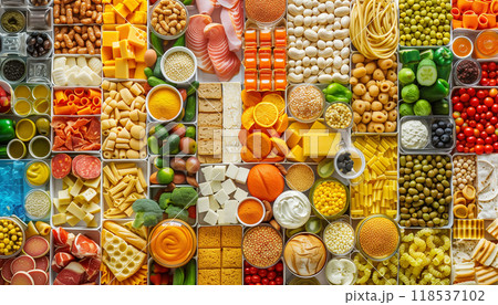 Variety Of Food Products Collage Featuring An Assortment Of Different Food Items Combined In A Creative Arrangement. Rich In Textures And Colors. 118537102