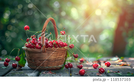 Fresh Ripe Cherries In A Basket On A Wooden Table In A Serene Garden Setting With Natural Beauty All Around. 118537103