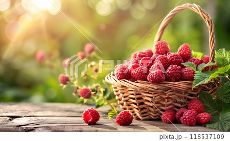 Ripe Raspberries Piled In A Basket On A Wooden Table Set In A Lush Garden, Perfect For Enjoying Outdoors. 118537109