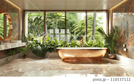 Luxury Modern Bathroom With Tropical Style Garden View In 3d Render Featuring Marble Floors, Copper Frame Mirror, And Large Windows. Luxury Modern Bathroom With Tropical Style Garden View In 3d Render Featuring Marble Floors, Copper Frame Mirror, And Large Windows. 118537112