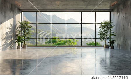 Polished Concrete Loft Space Interior Render With Large Window And Nature View, Letting Sunlight Illuminate The Room Polished Concrete Loft Space Interior Render With Large Window And Nature View, Letting Sunlight Illuminate The Room 118537116