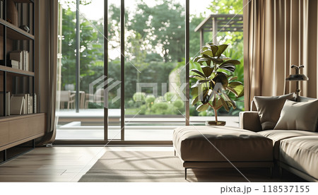 Brown Fabric Sofa Adorns This Modern Living Room 3d Render With Large Open Folding Doors Offering A View Of The Terrace. Curtains Gently Sway With The Breeze. 118537155