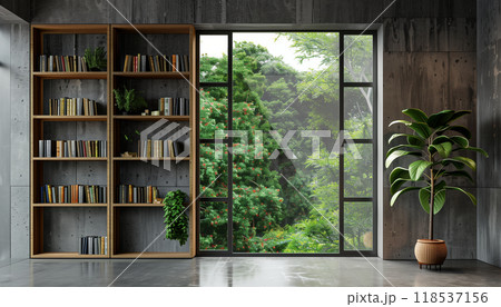 Cozy Reading Corner By The Window With Natural View In 3d Render Featuring Concrete Wall Adorned With Wooden Bookshelves. 118537156