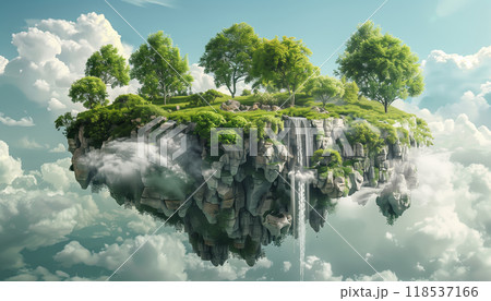 Enchanted Floating Island: Lush Greenery, Cascading Waterfalls, Isolated In The Clouds - Realistic 3d Design Of A Heavenly Paradise 118537166