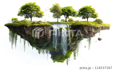 Surreal Floating Island With Lake, Waterfalls, Trees, And River On White Background: Enchanting Landscape Of Flying Island Surreal Floating Island With Lake, Waterfalls, Trees, And River On White Background: Enchanting Landscape Of Flying Island 118537167